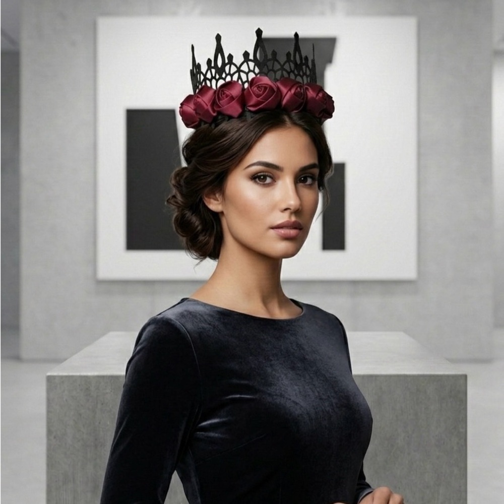Midnight Rose Gothic Crown – Ornate Black Lace & Crimson Satin Rose Headband - Picture 3 of 11